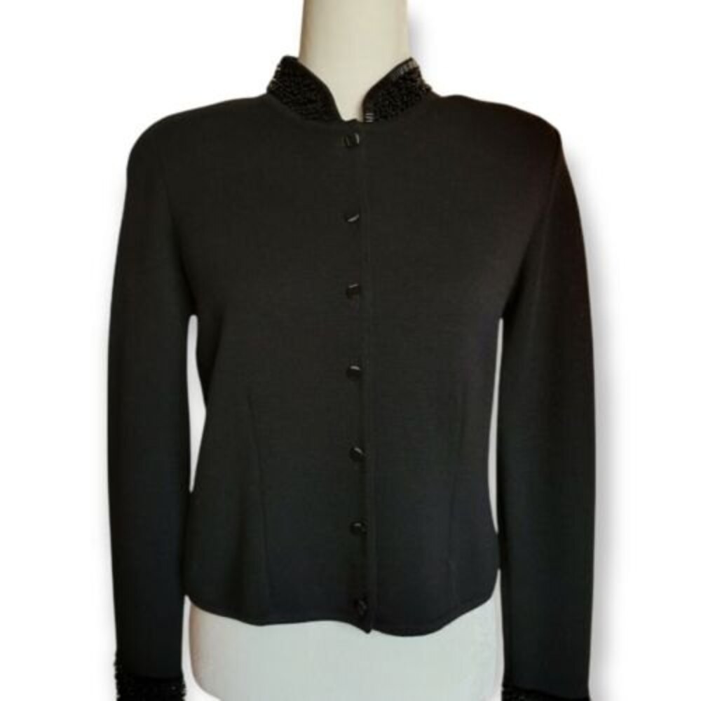 Dana Buchman wool Cardigan Sweater SZ Small black collar and sleeve Beading